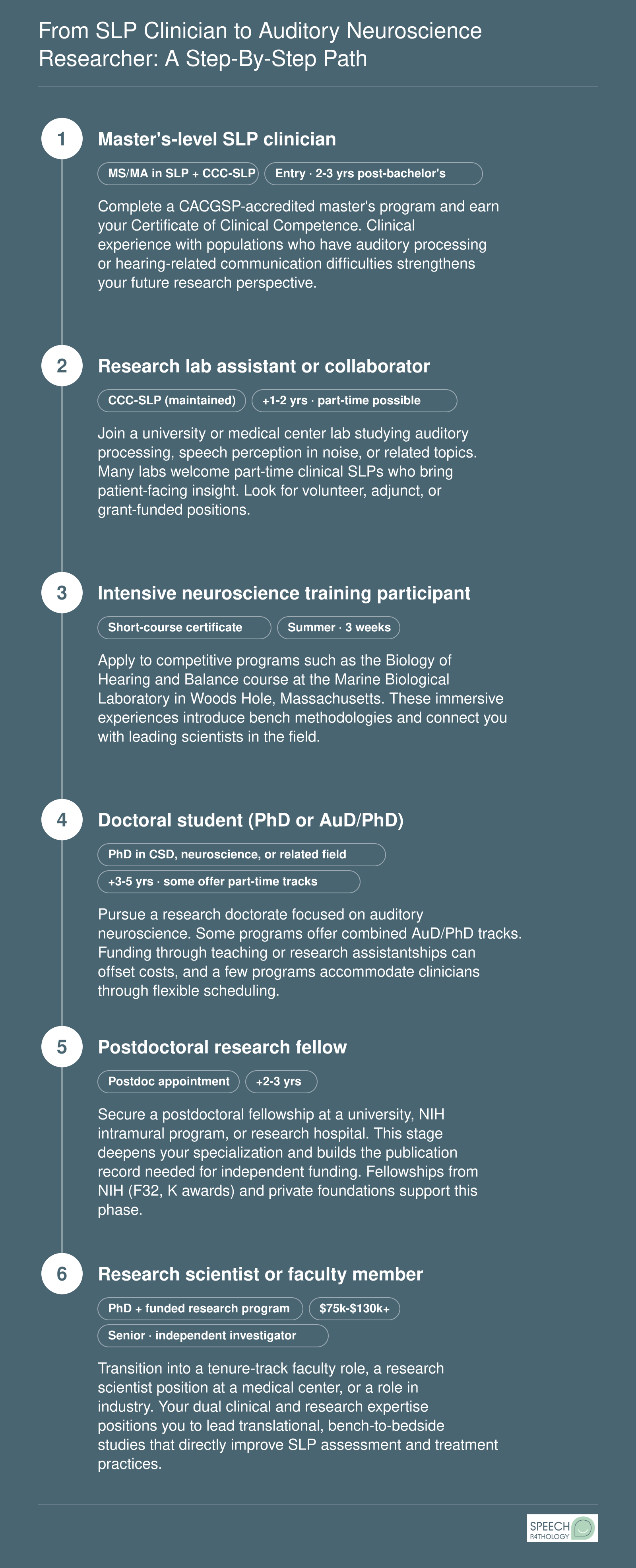 Six-step career pathway from master's-level SLP clinician through lab assistant, neuroscience short course, doctoral study, postdoc, and research faculty role in auditory neuroscience